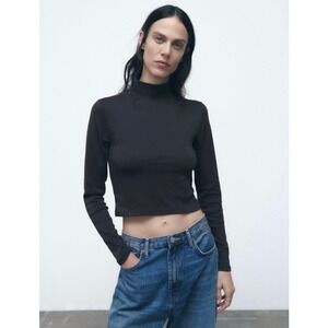 Zara EUC Long Sleeve Cropped Turtleneck Top Size S Charcoal Gray Cotton